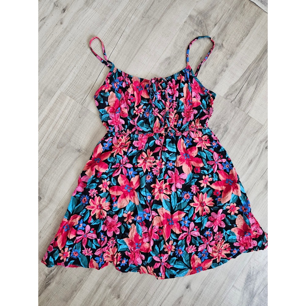 Roxy Floral Mini Dress Black Pink Tropical Smocked Waist Summer Sun Dress Medium